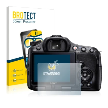 Parte frontal de un envase de producto con el logotipo de la marca BROTECT. Al lado se muestra el dispositivo Sony Alpha 65V (