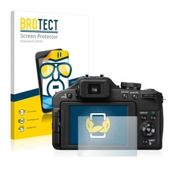 Parte frontal de un envase de producto con el logotipo de la marca BROTECT. Al lado se muestra el dispositivo Panasonic Lumix 