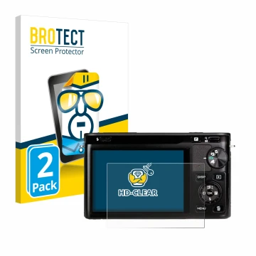 Parte frontal de un envase de producto con el logotipo de la marca BROTECT. Al lado se muestra el dispositivo Nikon 1 J1 con s