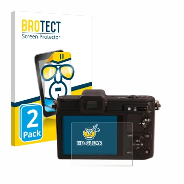 Parte frontal de un envase de producto con el logotipo de la marca BROTECT. Al lado se muestra el dispositivo Nikon 1 V1 con s
