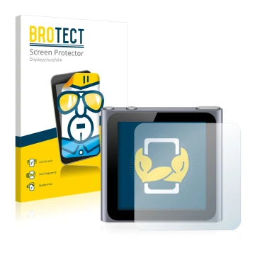 Parte frontal de un envase de producto con el logotipo de la marca BROTECT. Al lado se muestra el dispositivo Apple iPod nano 