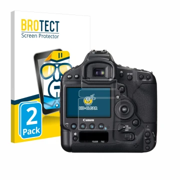 Parte frontal de un envase de producto con el logotipo de la marca BROTECT. Al lado se muestra el dispositivo Canon EOS 1D X c