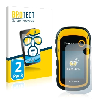 Parte frontal de un envase de producto con el logotipo de la marca BROTECT. Al lado se muestra el dispositivo Garmin eTrex 10 
