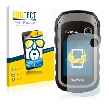 Parte frontal de un envase de producto con el logotipo de la marca BROTECT. Al lado se muestra el dispositivo Garmin eTrex 30 