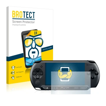Parte frontal de un envase de producto con el logotipo de la marca BROTECT. Al lado se muestra el dispositivo Sony PSP Street 