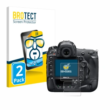 Parte frontal de un envase de producto con el logotipo de la marca BROTECT. Al lado se muestra el dispositivo Nikon D4 con su 