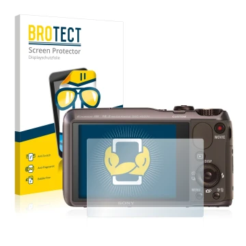 Parte frontal de un envase de producto con el logotipo de la marca BROTECT. Al lado se muestra el dispositivo Sony Cyber-Shot 