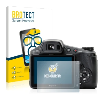 Parte frontal de un envase de producto con el logotipo de la marca BROTECT. Al lado se muestra el dispositivo Sony Cyber-Shot 
