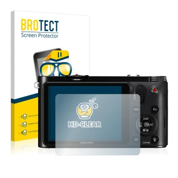 Parte frontal de un envase de producto con el logotipo de la marca BROTECT. Al lado se muestra el dispositivo Samsung NX1000 c
