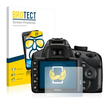 Parte frontal de un envase de producto con el logotipo de la marca BROTECT. Al lado se muestra el dispositivo Nikon D3200 con 
