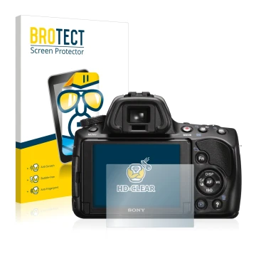 Parte frontal de un envase de producto con el logotipo de la marca BROTECT. Al lado se muestra el dispositivo Sony Alpha 37 (S