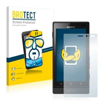 Parte frontal de un envase de producto con el logotipo de la marca BROTECT. Al lado se muestra el dispositivo Sony Xperia Sola