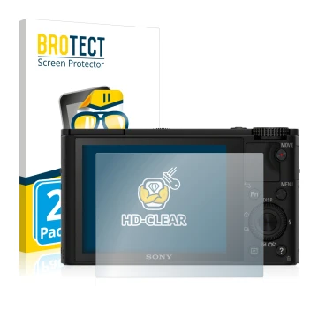 Parte frontal de un envase de producto con el logotipo de la marca BROTECT. Al lado se muestra el dispositivo Sony Cyber-Shot 