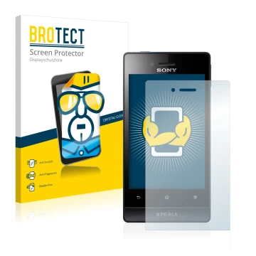 Parte frontal de un envase de producto con el logotipo de la marca BROTECT. Al lado se muestra el dispositivo Sony Xperia Miro