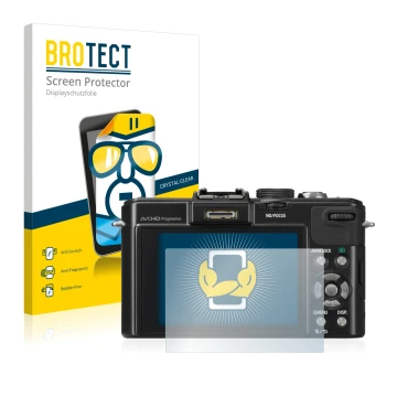 Parte frontal de un envase de producto con el logotipo de la marca BROTECT. Al lado se muestra el dispositivo Panasonic Lumix 