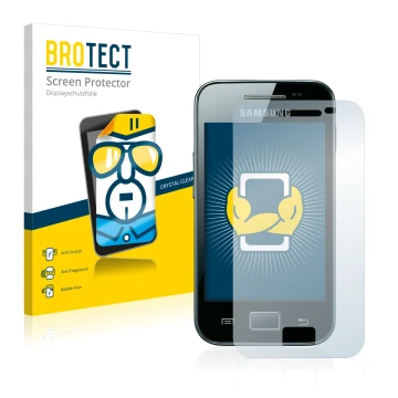 Parte frontal de un envase de producto con el logotipo de la marca BROTECT. Al lado se muestra el dispositivo Samsung Galaxy A