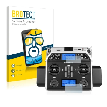 Parte frontal de un envase de producto con el logotipo de la marca BROTECT. Al lado se muestra el dispositivo Graupner MC-20 H