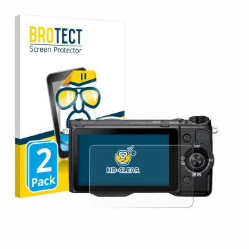 Parte frontal de un envase de producto con el logotipo de la marca BROTECT. Al lado se muestra el dispositivo Sony Alpha NEX-5