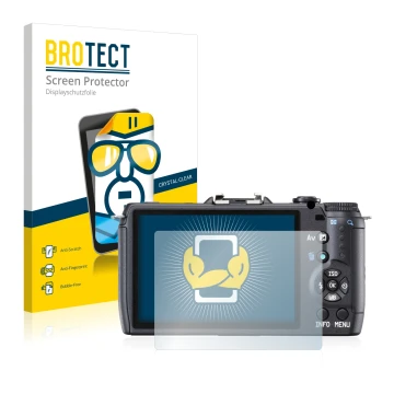 Parte frontal de un envase de producto con el logotipo de la marca BROTECT. Al lado se muestra el dispositivo Pentax Q10 con s