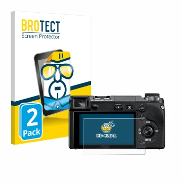 Parte frontal de un envase de producto con el logotipo de la marca BROTECT. Al lado se muestra el dispositivo Sony Alpha NEX-6