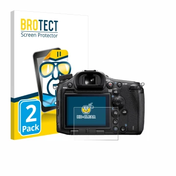 Parte frontal de un envase de producto con el logotipo de la marca BROTECT. Al lado se muestra el dispositivo Sony Alpha 99 co
