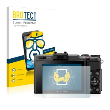 Parte frontal de un envase de producto con el logotipo de la marca BROTECT. Al lado se muestra el dispositivo Olympus Stylus X