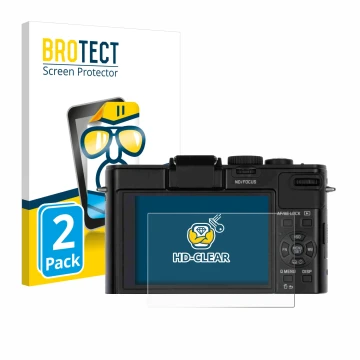 Parte frontal de un envase de producto con el logotipo de la marca BROTECT. Al lado se muestra el dispositivo Leica D-Lux 6 co