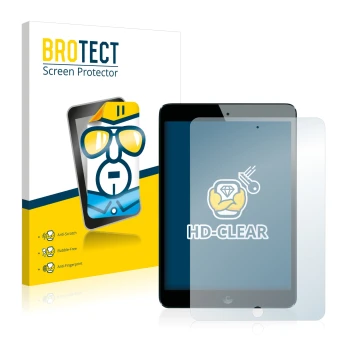 Parte frontal de un envase de producto con el logotipo de la marca BROTECT. Al lado se muestra el dispositivo Apple iPad Mini 