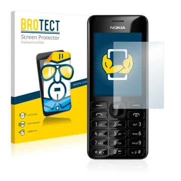 Parte frontal de un envase de producto con el logotipo de la marca BROTECT. Al lado se muestra el dispositivo Nokia 206 Dual S
