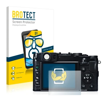 Parte frontal de un envase de producto con el logotipo de la marca BROTECT. Al lado se muestra el dispositivo Fujifilm X20 con