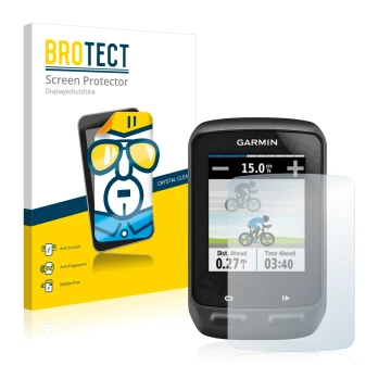 Parte frontal de un envase de producto con el logotipo de la marca BROTECT. Al lado se muestra el dispositivo Garmin Edge 510 