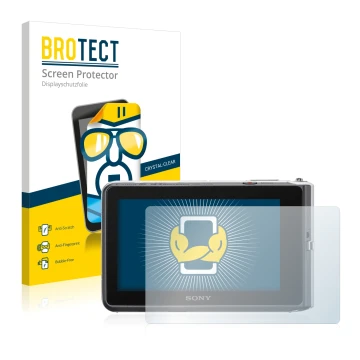 Parte frontal de un envase de producto con el logotipo de la marca BROTECT. Al lado se muestra el dispositivo Sony Cyber-Shot 