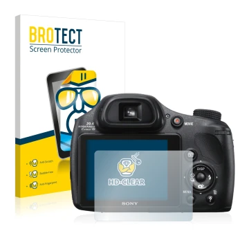 Parte frontal de un envase de producto con el logotipo de la marca BROTECT. Al lado se muestra el dispositivo Sony Cyber-Shot 