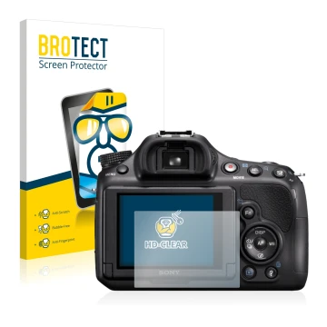 Parte frontal de un envase de producto con el logotipo de la marca BROTECT. Al lado se muestra el dispositivo Sony Alpha 58 (S