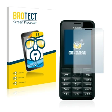 Parte frontal de un envase de producto con el logotipo de la marca BROTECT. Al lado se muestra el dispositivo Nokia 301 con su