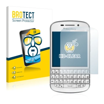Parte frontal de un envase de producto con el logotipo de la marca BROTECT. Al lado se muestra el dispositivo BlackBerry Q10 c