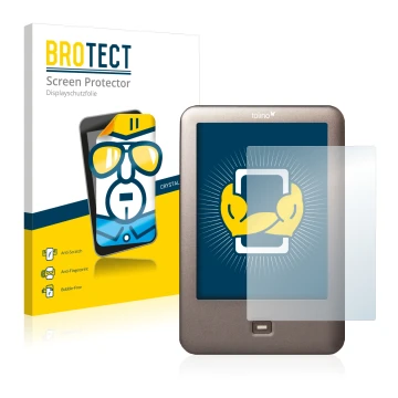 Parte frontal de un envase de producto con el logotipo de la marca BROTECT. Al lado se muestra el dispositivo Tolino Shine con