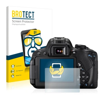Parte frontal de un envase de producto con el logotipo de la marca BROTECT. Al lado se muestra el dispositivo Canon EOS 700D c