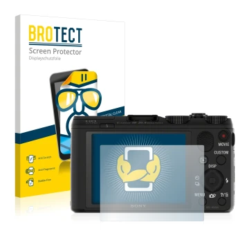 Parte frontal de un envase de producto con el logotipo de la marca BROTECT. Al lado se muestra el dispositivo Sony Cyber-Shot 