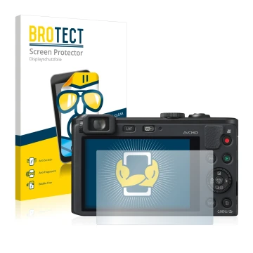 Parte frontal de un envase de producto con el logotipo de la marca BROTECT. Al lado se muestra el dispositivo Panasonic Lumix 