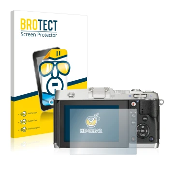 Parte frontal de un envase de producto con el logotipo de la marca BROTECT. Al lado se muestra el dispositivo Olympus PEN E-P5