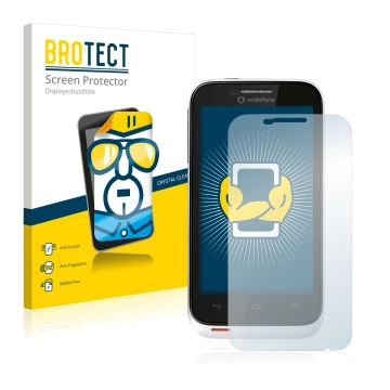Parte frontal de un envase de producto con el logotipo de la marca BROTECT. Al lado se muestra el dispositivo Vodafone Smart I