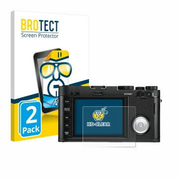Parte frontal de un envase de producto con el logotipo de la marca BROTECT. Al lado se muestra el dispositivo Leica X Vario co