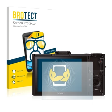 Parte frontal de un envase de producto con el logotipo de la marca BROTECT. Al lado se muestra el dispositivo Sony Cyber-Shot 