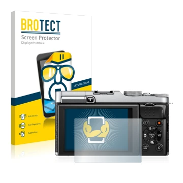 Parte frontal de un envase de producto con el logotipo de la marca BROTECT. Al lado se muestra el dispositivo Fujifilm X-M1 co