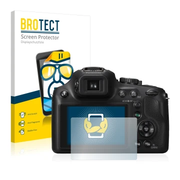 Parte frontal de un envase de producto con el logotipo de la marca BROTECT. Al lado se muestra el dispositivo Panasonic Lumix 