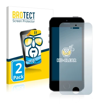 Parte frontal de un envase de producto con el logotipo de la marca BROTECT. Al lado se muestra el dispositivo Apple iPhone 5S 
