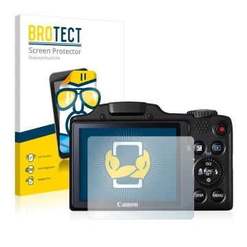 Parte frontal de un envase de producto con el logotipo de la marca BROTECT. Al lado se muestra el dispositivo Canon PowerShot 