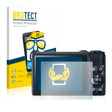 Parte frontal de un envase de producto con el logotipo de la marca BROTECT. Al lado se muestra el dispositivo Canon PowerShot 