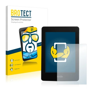 Parte frontal de un envase de producto con el logotipo de la marca BROTECT. Al lado se muestra el dispositivo Amazon Kindle Pa